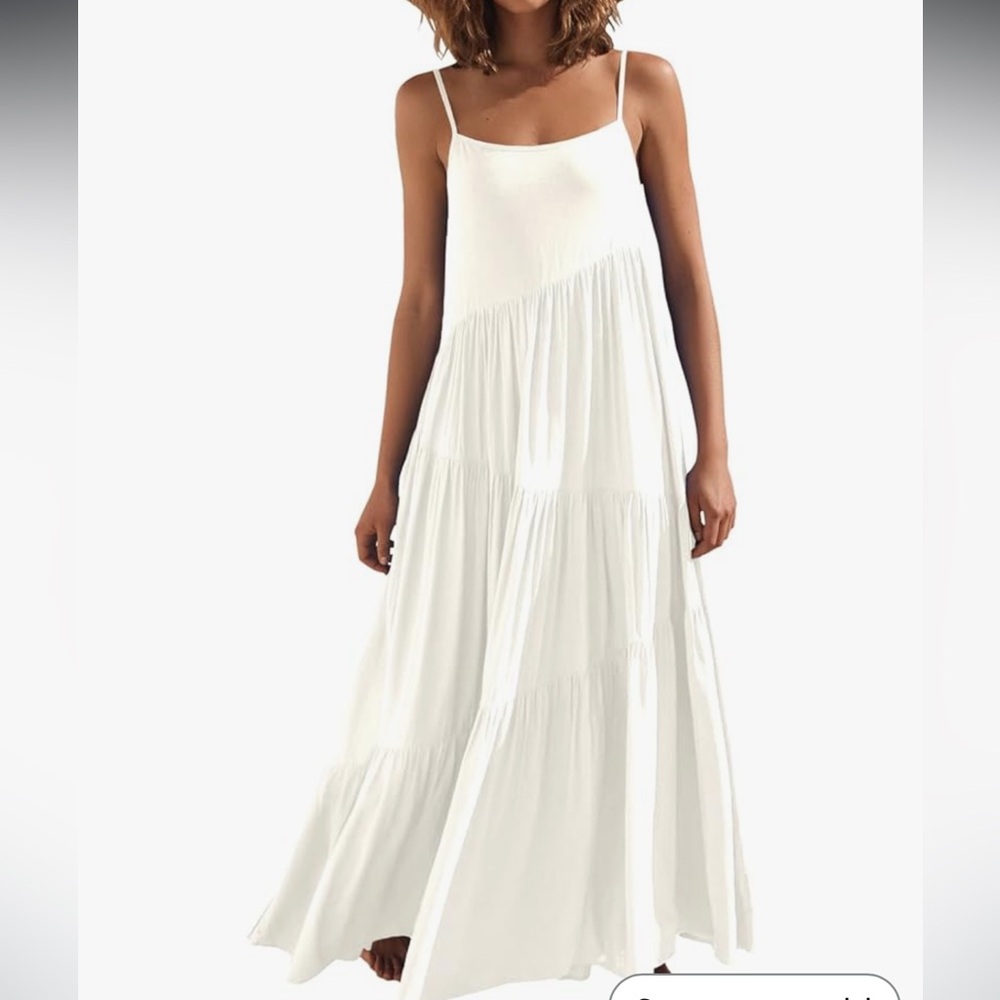 Amazon White Tiered Maxi Dress Spaghetti Strap Sundress Size L